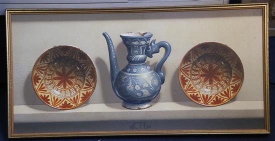 § Frederick Clifford Harrison (1901-1984) Isnik ewer and two Spanish plates 16.5 x 34.5in.
